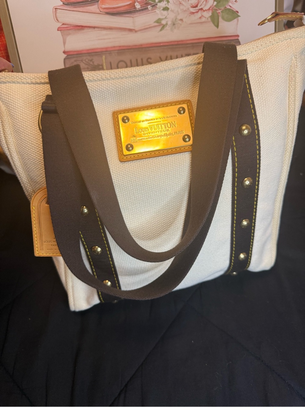 Louis Vuitton Cream Canvas Tote Cabas MM Dark Brown Straps and Gold Hardware